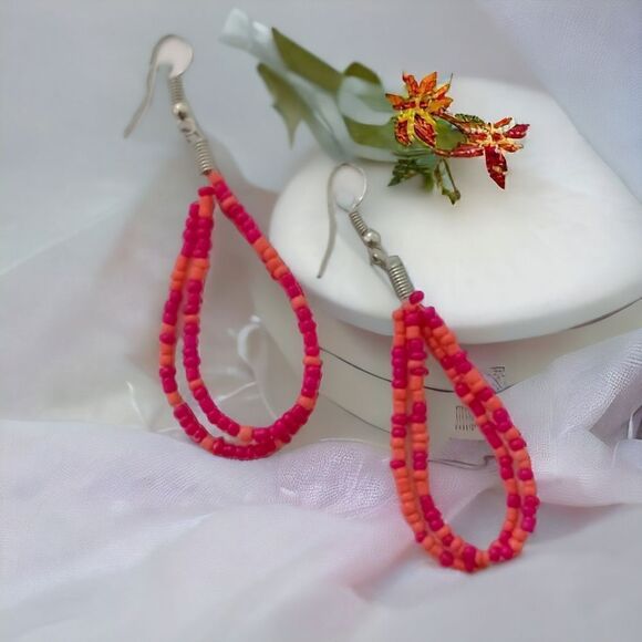 Seed Bead TearDrop Earrings Pink Coral Silver Tone Summer Festival Dangle Spring - Picture 5 of 16